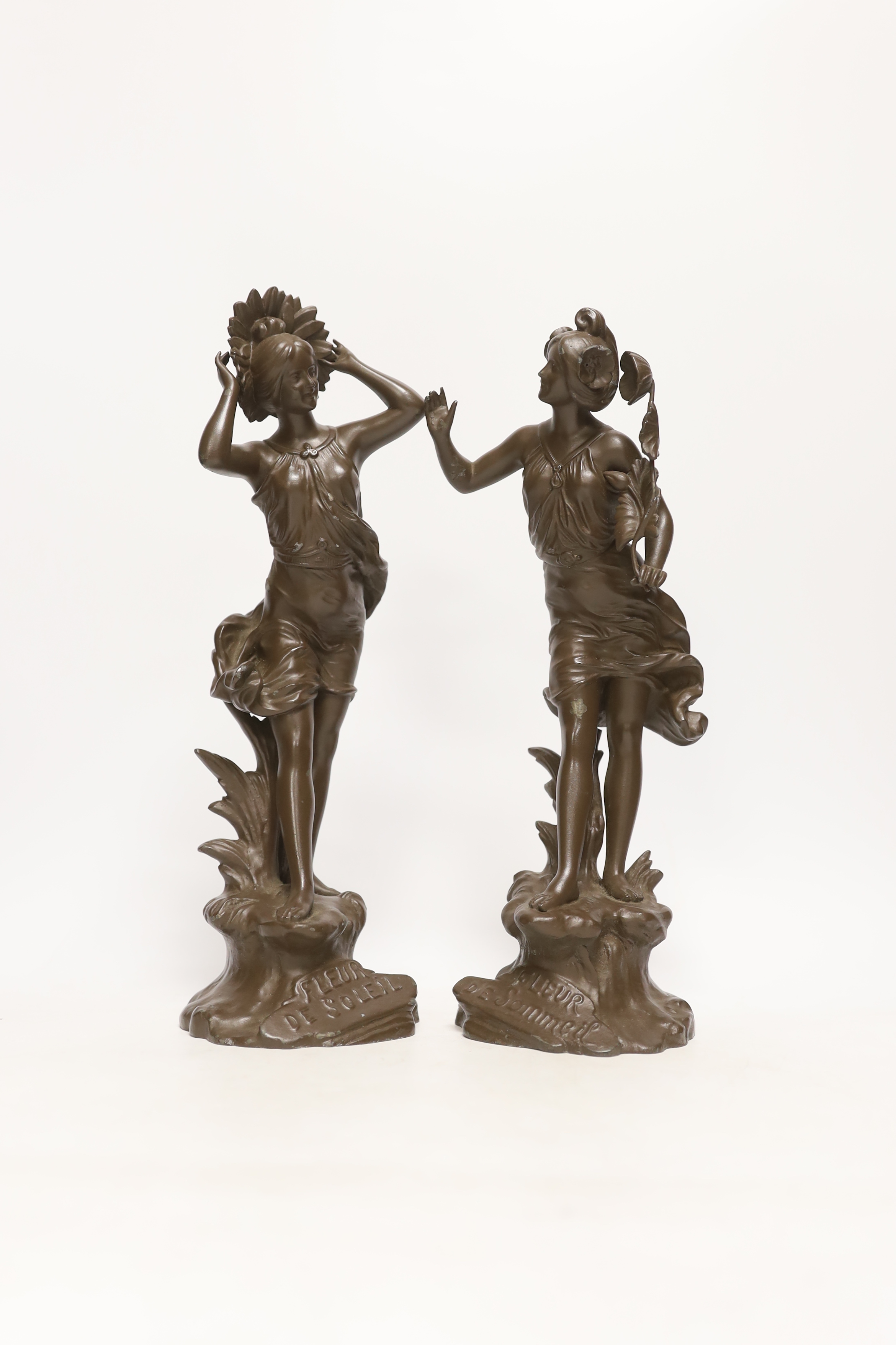 After Arthur Rubinstein, bronze study of a lady and a pair of French spelter figurines, largest 33cm high